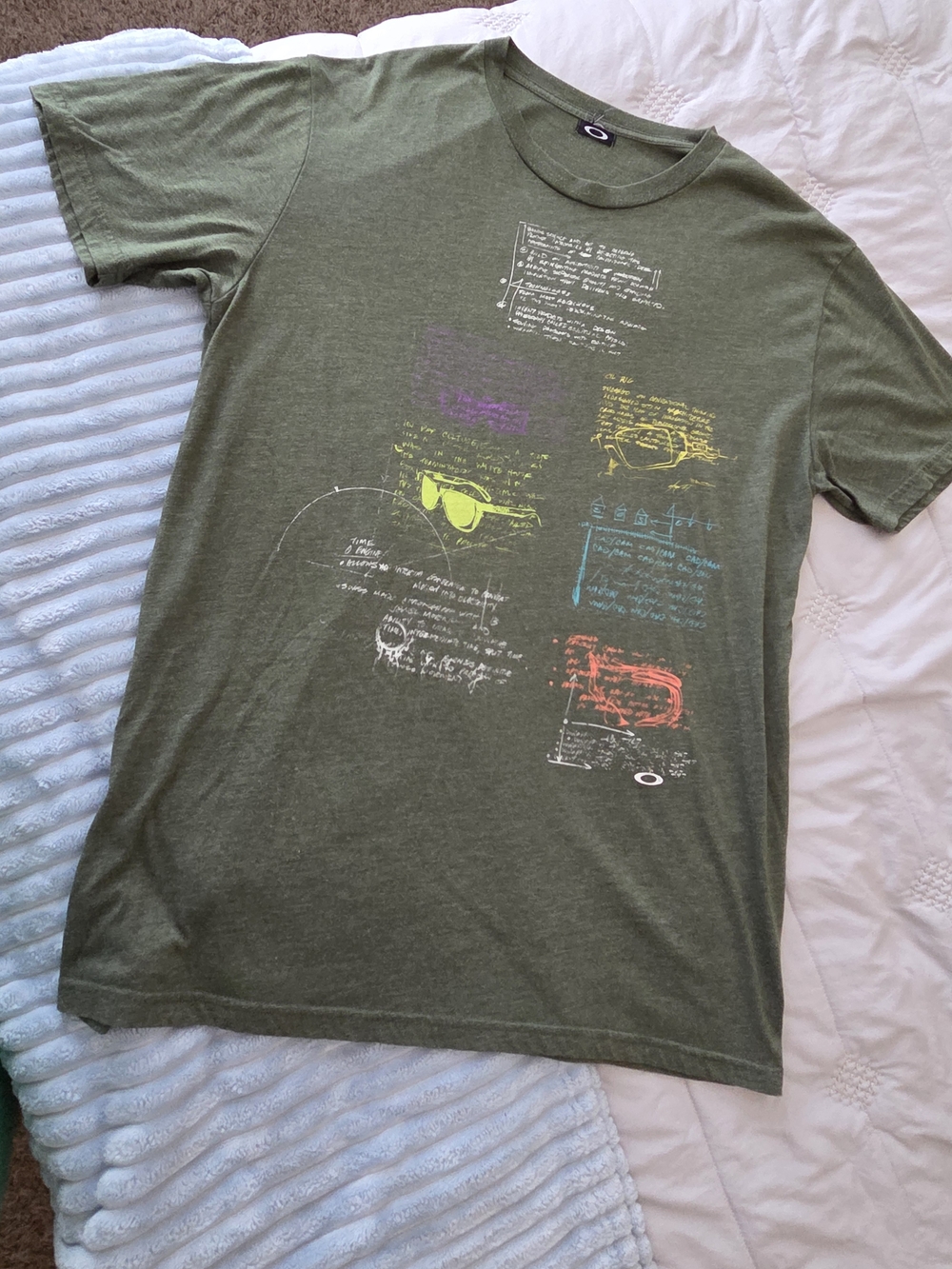 Oakley Olive Green Short Sleeve Graphic Tee with Multicolor Prints